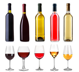 Set of white, rose, and red wine bottles and glasses, isolated on white