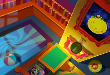 Illustration: Removed the dog, the egg and the magical ring from this sweet room in case you need it. Fantastic Cartoon Style. Wallpaper Background Scene Design.
