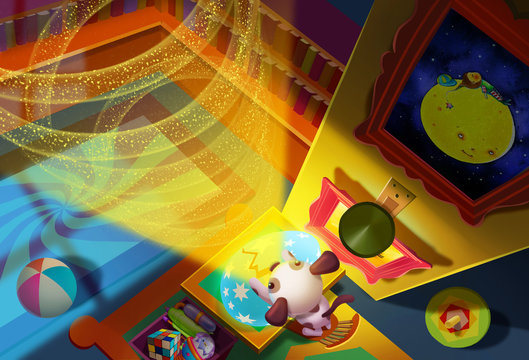Illustration: Small dog opens the egg, magic rings grow to sky like Jack's beanstalk. He eager to see what's upper there with little master. Fantastic Cartoon Style. Wallpaper Background Scene Design.