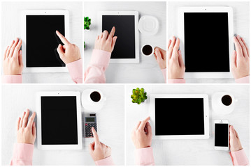 Collage of photos with hands working in the office