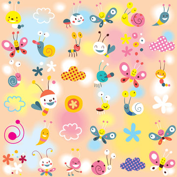 snails, butterflies, bugs, flowers kids pattern