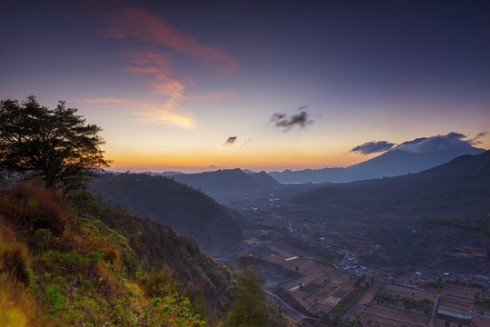 Scenery of sunrise at Pinggan Village, Kintamani, Bali.