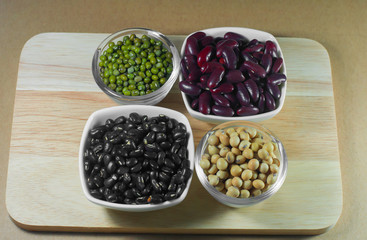 Soy beans, Red beans, black beans and green beans with the healt