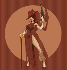 Vector cartoon image of the Mafia girl with dark hair in a long brown dress and hat with a cane in one hand and a gun in her other hand on a brown striped background. Pictured in a retro style.