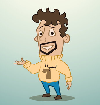 Vector man with a beard. Cartoon image of a man with dark hair and a beard in blue pants and yellow sweater with a deer on a light blue background.