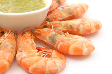 Shrimps with Seafood Sauce , Cooked, Boiled