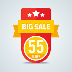 Big sale of 55 percent of the label with a yellow ribbon. Vector