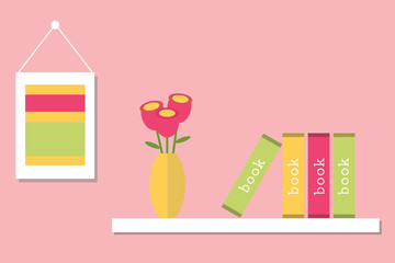 Flat design shelf with books. Flat design room interior decoration.