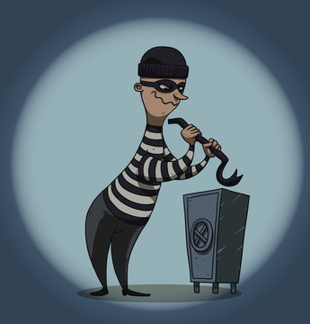Vector cartoon image of a robber in black pants and a striped jacket with a mask on his face opens safety deposit boxes on the background of a ball of light on a blue background.