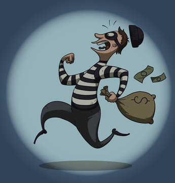 Vector cartoon image of a robber in black pants and a striped jacket with a mask on his face runs away with a bag of money on the background of a ball of light on a blue background.