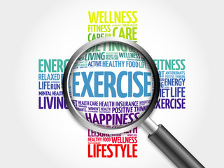 EXERCISE word cloud with magnifying glass, health concept