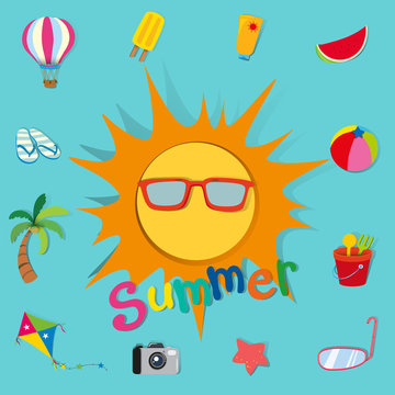 Summer theme with sun and objects