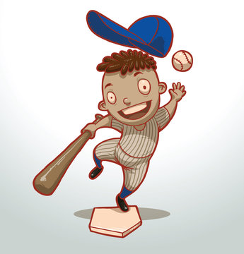Vector boy baseball player. Cartoon image of a boy baseball player with dark hair in a baseball uniform and a blue baseball cap with a bat in his hand on a light background.