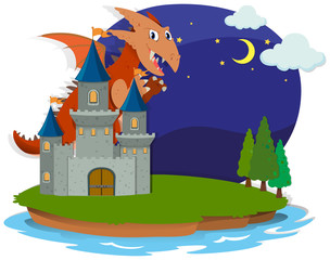Dragon and castle at night