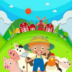 Farmer and farm animals on the farm