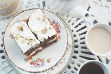 Carrot cake with hot tea