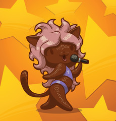 Vector cartoon image of a cat woman modern pop singer in the lilac stage costume with long pink hair with a microphone in her paw against the background of yellow stars.
