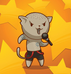 Vector cartoon image of a cat ska singer in black shorts with red suspenders with a shaved head, with a microphone in his paw against the background of yellow stars.