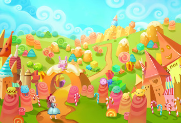 Fototapeta premium Illustration: Welcome to the Candy Land! The little princess lost in forest and meet the little candy world. Those candy creatures saw her too. Welcome, they seems said. - Fantastic Style Scene Design