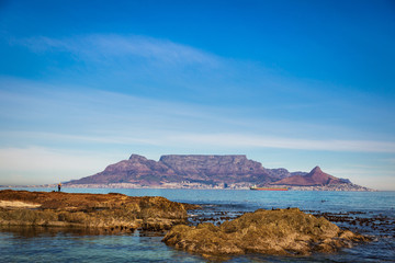 Nice view of the Table Mountain in a sunny blue sky day, Cape Town, South Africa