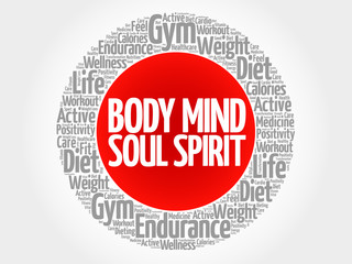 Body Mind Soul Spirit circle stamp word cloud, health concept