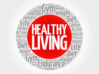 Healthy Living circle stamp word cloud, health concept