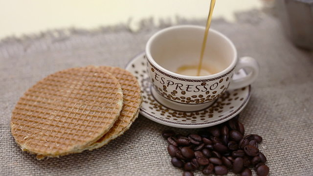 dutch stroopwafel, caramel waffle and coffee