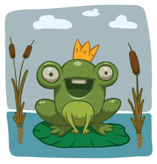 Vector happy frog prince. Cartoon image of a happy green frog prince with a golden crown, sitting on a green leaf of water lilies in a pond on a light blue heavenly background.