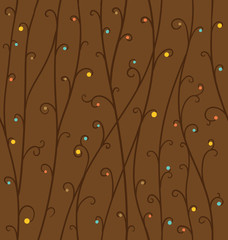 Vector seamless floral pattern brown. Image of seamless floral pattern consisting of brown stems with multicolored circles on them on a brown background.