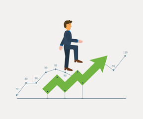 Man in suit running on a growing chart curve arrow. 