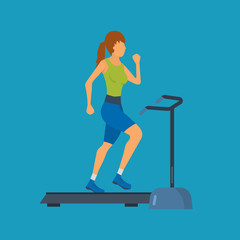 Young adult woman running on treadmill in fitness gym 