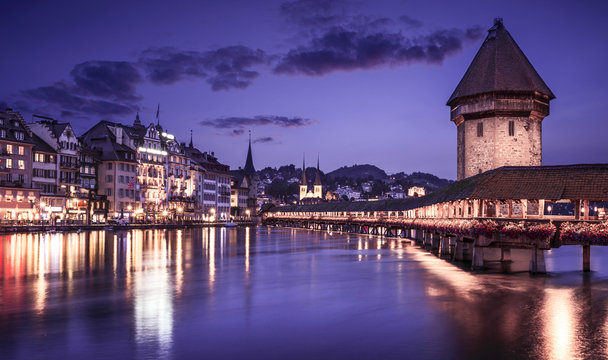 Luzern, Switzerland, showing the famous Chapel Bridge reflected