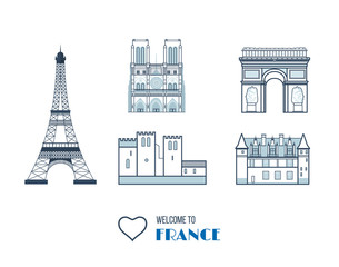  French Landmarks.. Eiffel tower, Notre Dame in Paris, France