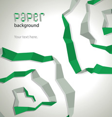 Vector paper background, bright green. Image of abstract background looking like crumpled strips of bright green paper on a light gray background.