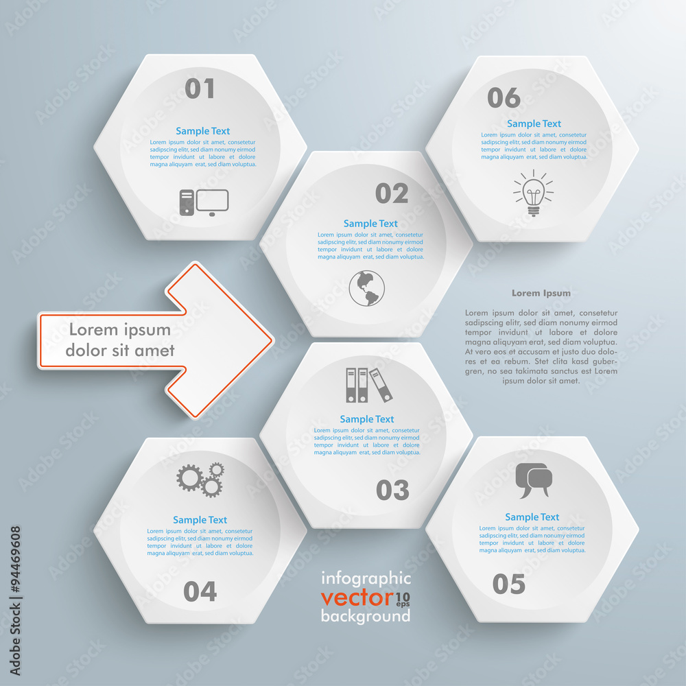 Canvas Prints 6 white hexagons arrow flowchart