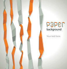Vector paper background, orange. Image of abstract background looking like crumpled strips of orange paper on a light gray background. 