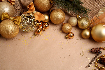 Christmas Balls in the Composition in Golden Colors/Elements Christmas composition in golden tones, close-up