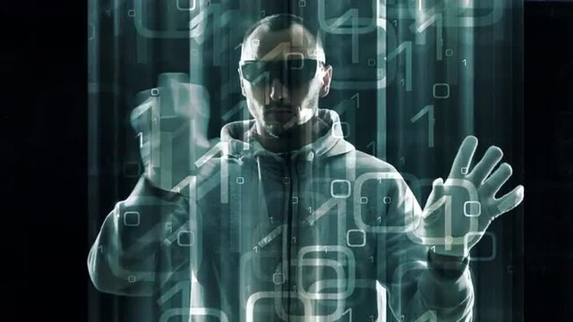 Futuristic binary code background hacker typing on virtual reality computer