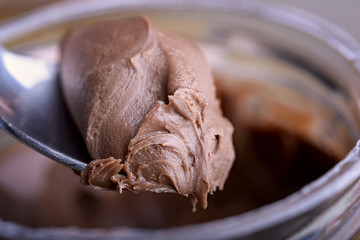 macro chocolate cream on spoon