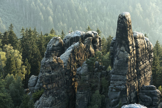 Sandstone rocks, forests and blue sky in the Germany Switzerland