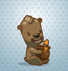 Vector funny bear cub with a honey pot. Cartoon image of a funny brown bear cub with a honey pot in the paws on a light blue background.