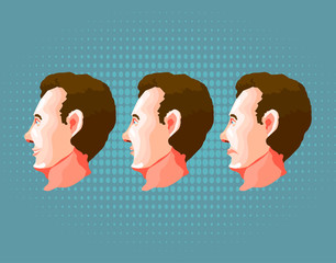 Male face with different emotions on blue background