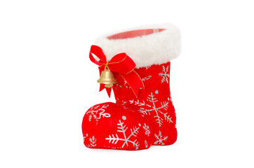 christmas card - Santa's red boot with jingle bells isolated on white