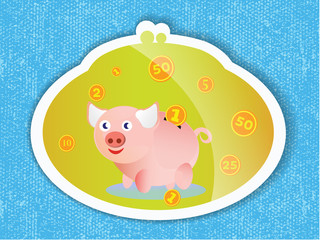 Piggy bank with coins and a pink piglet on blue background