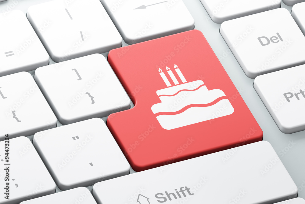 Poster holiday concept: cake on computer keyboard background