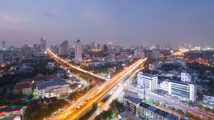 Fototapeta na wymiar Panorama high way x cross Bangkok city business zone ,twilight l