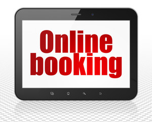Vacation concept: Tablet Pc Computer with Online Booking on display