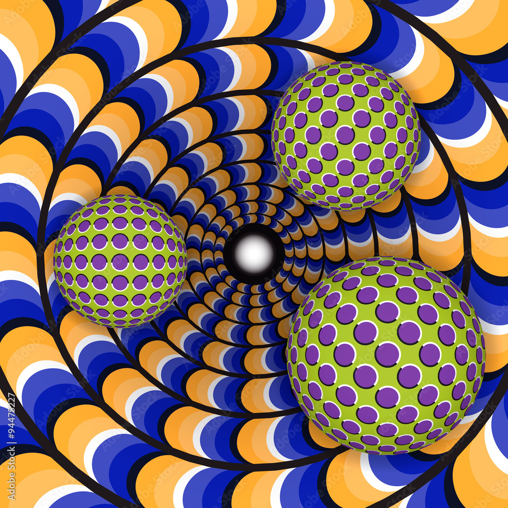 Aufkleber optical illusion of rotation of three ball around of a moving hole. abstract background.