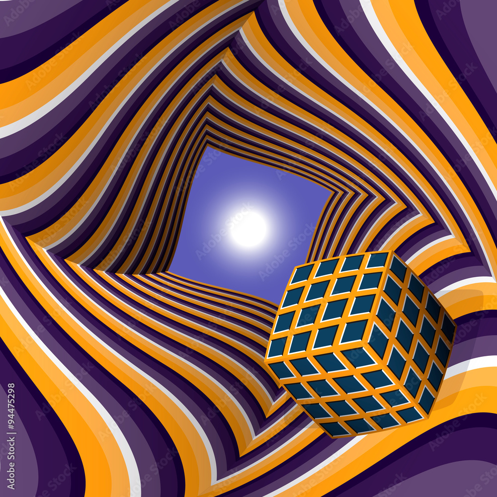 Poster cube flying to the sun through a tunnel. abstract vector illustration with optical illusion of movem