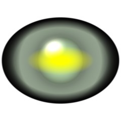 Fish eye. Isolated elliptic eye with cold green pupil and bright yellow retina. Slim iris around pupil, detail view into eye bulb